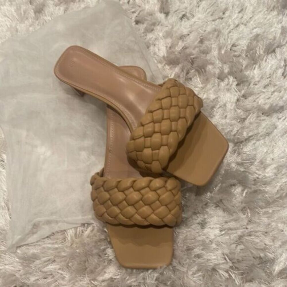 Women's Tan Square Toe Woven Strap Slip On Heeled Sandals Size 10 - Picture 4 of 5